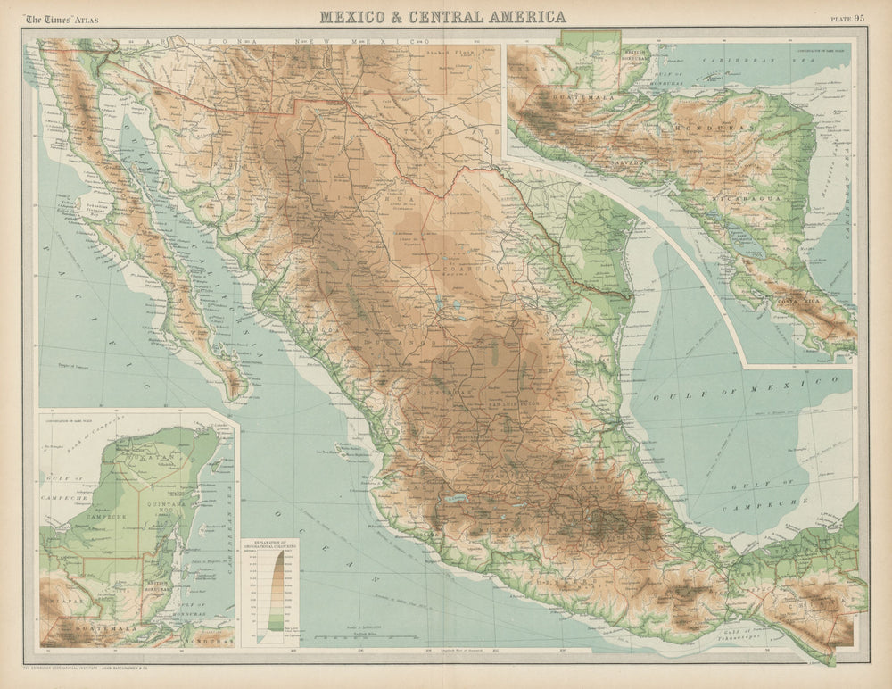 Mexico & Central America. Relief railways. THE TIMES 1922 old antique map