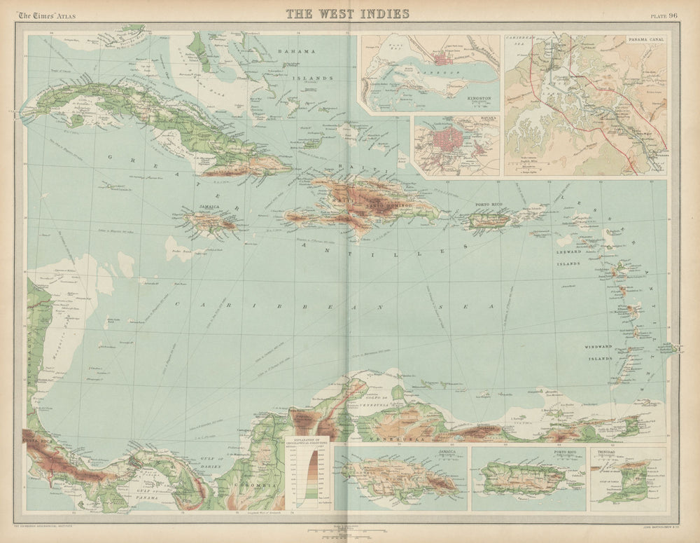 West Indies & Caribbean. Panama Canal. Relief. THE TIMES 1922 old antique map