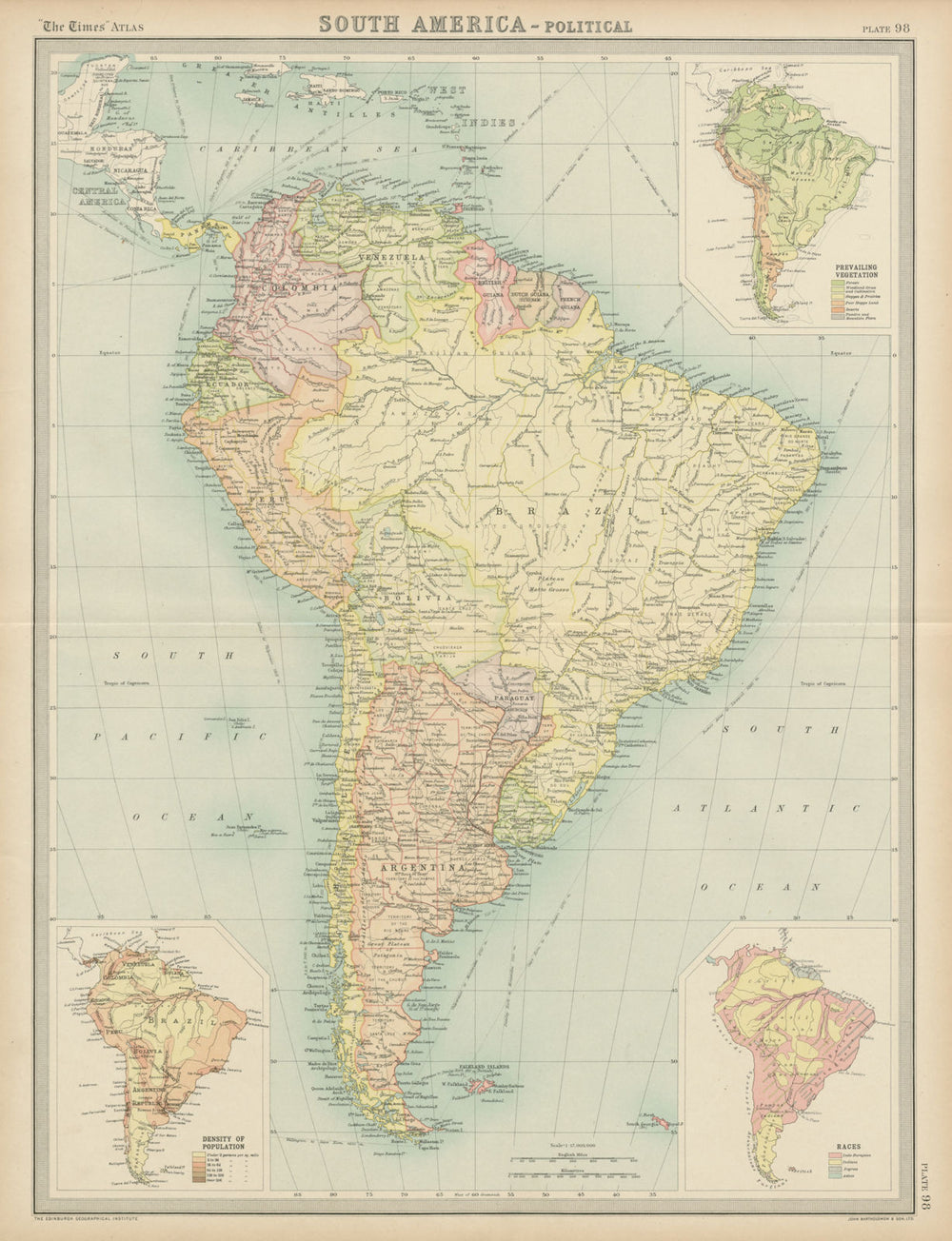 South America. Political. Ethnicity Races. THE TIMES 1922 old antique map
