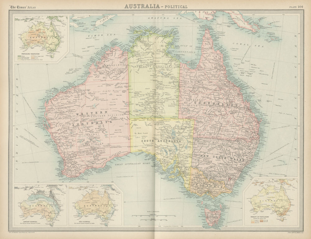 Australia political. States territories. Vegetation rainfall. TIMES 1922 map
