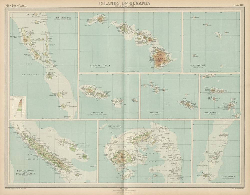 Hawaii Cook Fiki Samoa Tonga Tahiti New Hebrides/Caledonia islands 1922 map