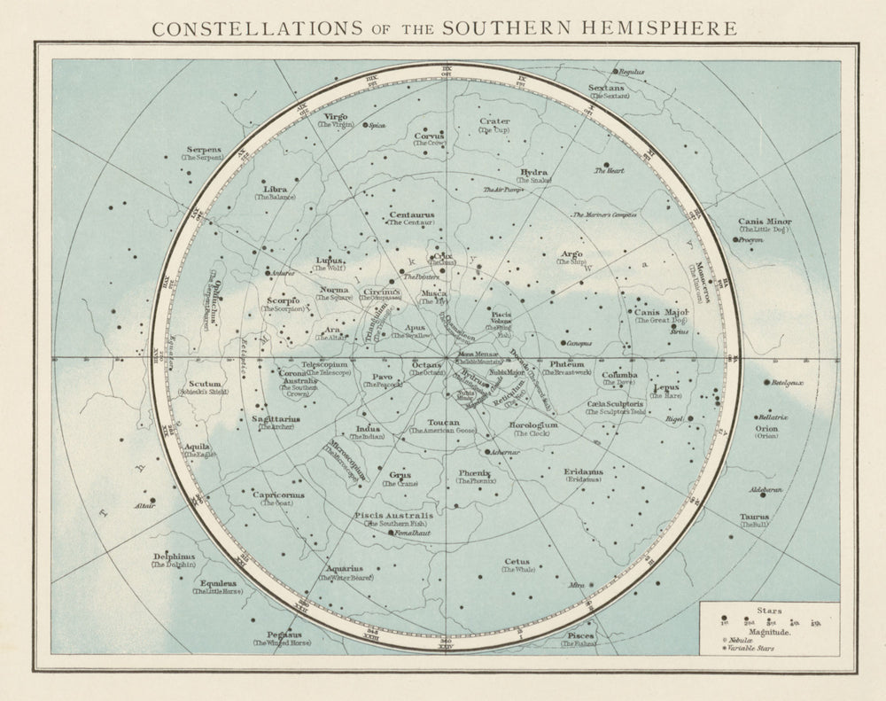 Southern Hemisphere constellation. Night sky. Star chart. THE TIMES 1900 map