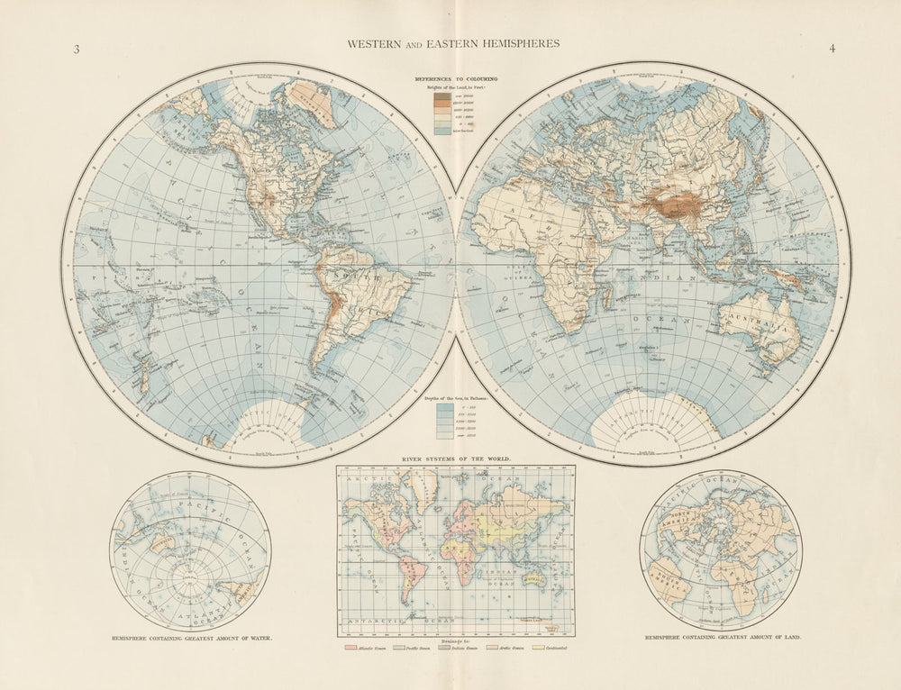 World twin hemispheres. Western and Eastern. THE TIMES 1900 old antique map