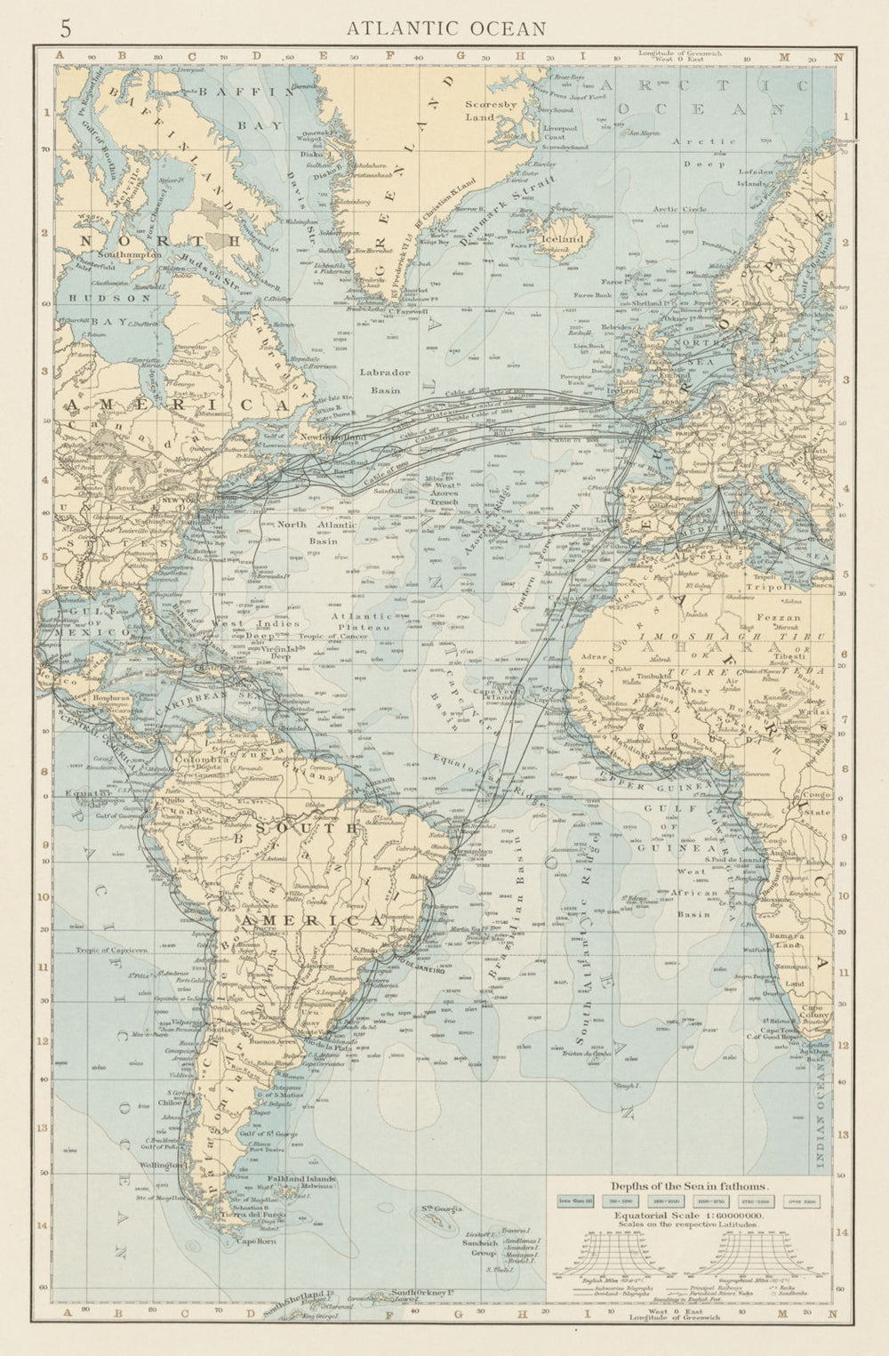 Atlantic Ocean showing depths & telegraph cables. THE TIMES 1900 old map