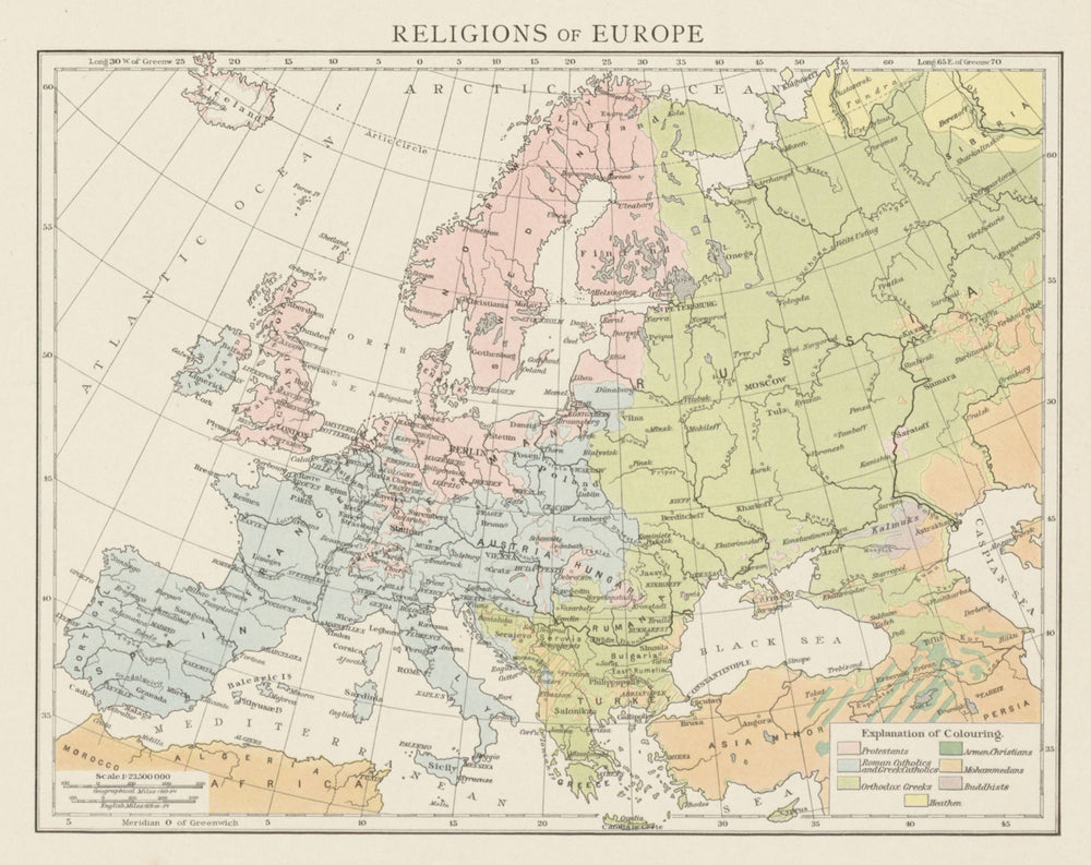 Religions of Europe. Protestant Catholic Orthodox Islam Buddhist. TIMES 1900 map