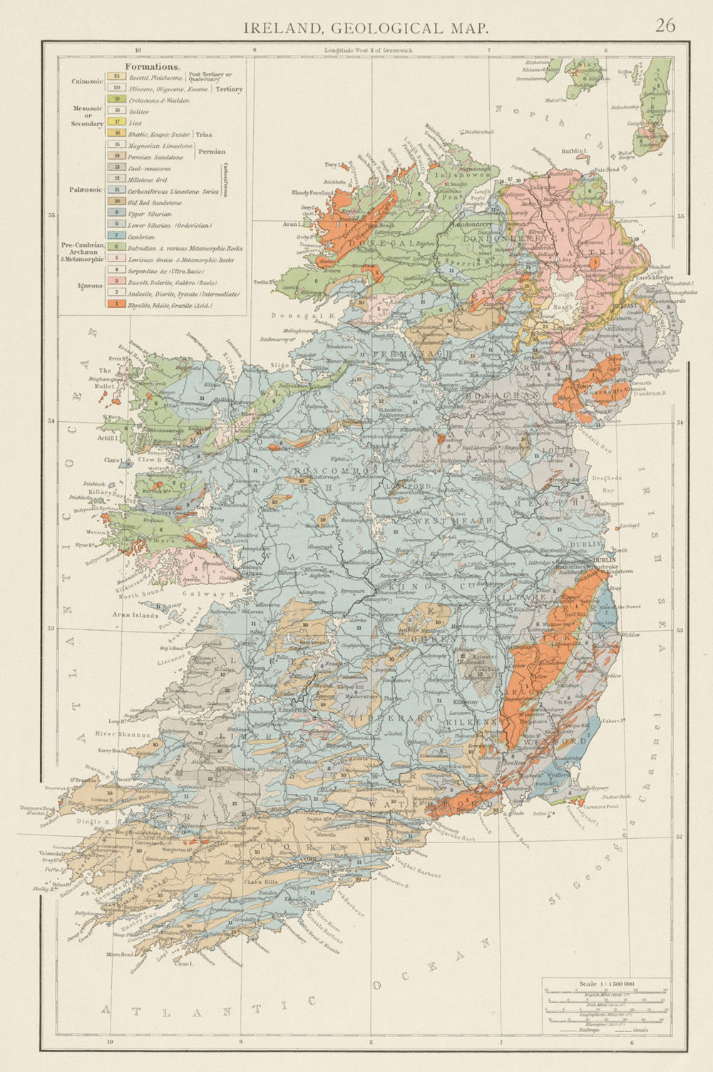 Ireland, Geological map. THE TIMES 1900 old antique vintage plan chart