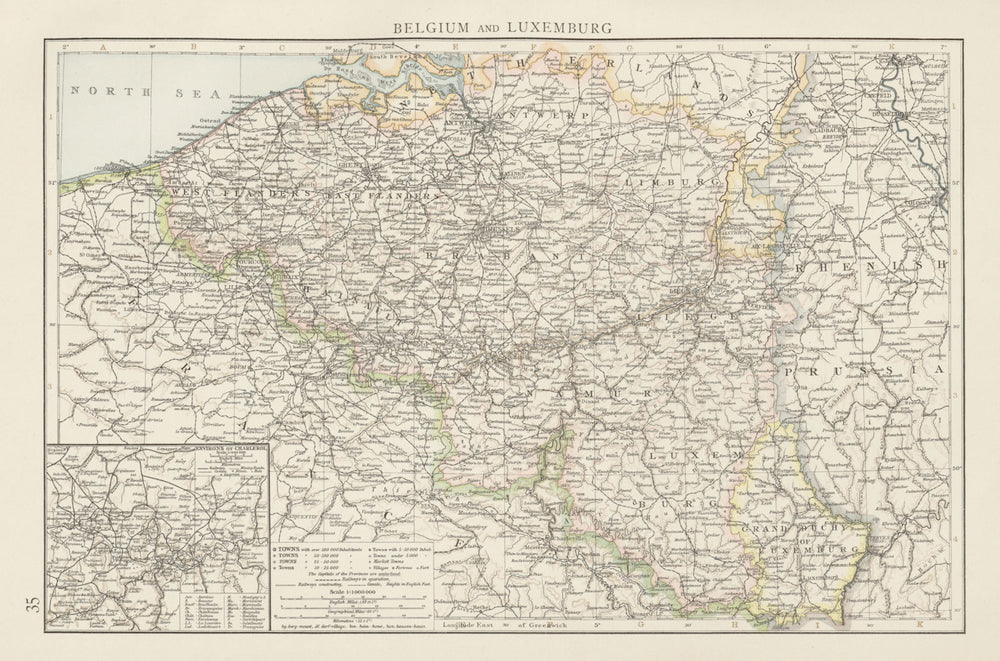 Belgium and Luxemburg. Environs of Charleroi. THE TIMES 1900 old antique map