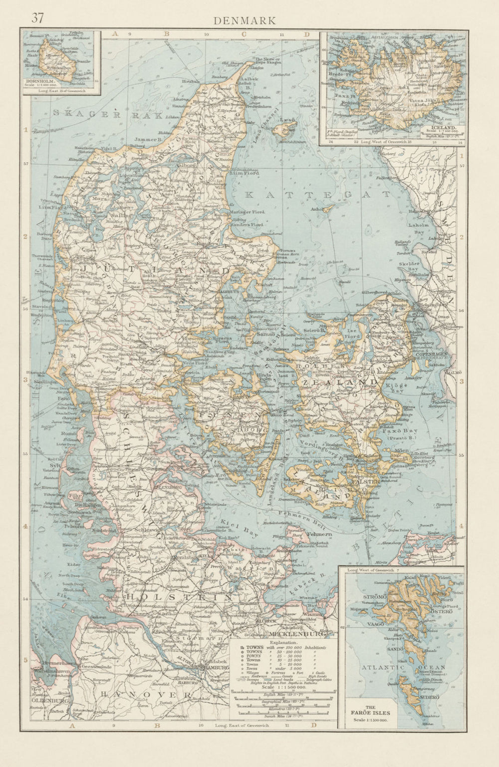 Denmark & Schleswig-Holstein. Faroe islands Iceland Bornholm. THE TIMES 1900 map