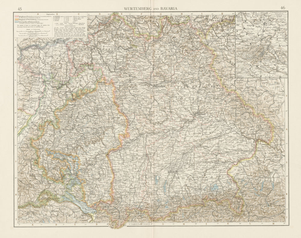 Wurtemberg and Bavaria. THE TIMES 1900 old antique vintage map plan chart