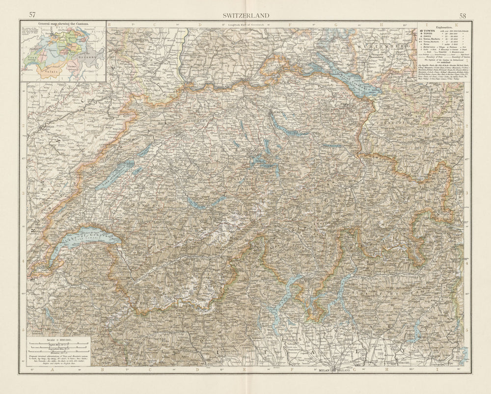 Switzerland & the Western (French, Swiss, Italian) Alps. THE TIMES 1900 map