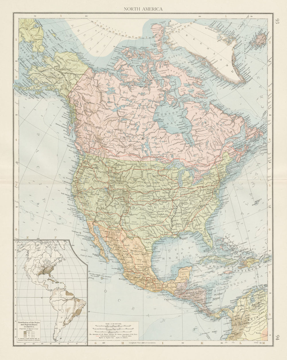 North America showing railways. Inset negro distribution. THE TIMES 1900 map