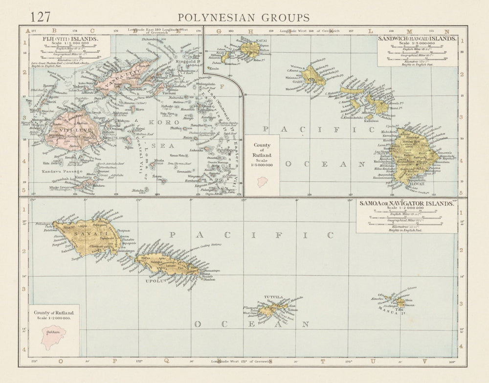 Polynesia. Fiji, Hawaiian & Samoan islands. Vanua/Viti-Levu. THE TIMES 1900 map