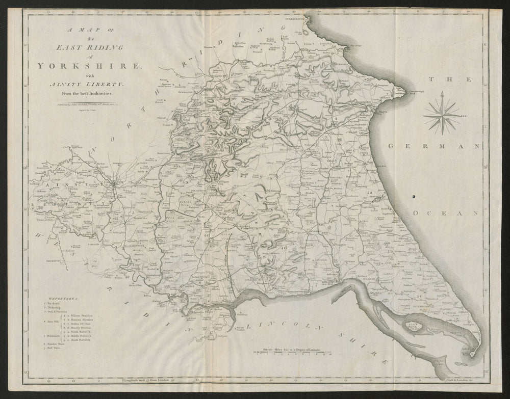 A map of the East Riding of Yorkshire with Ainsty Liberty by John CARY 1805