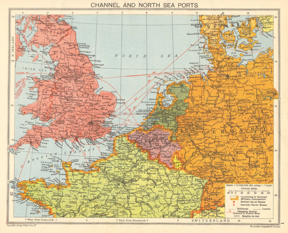WORLD WAR 2. English Channel & North sea ports. German occupied Europe 1942 map