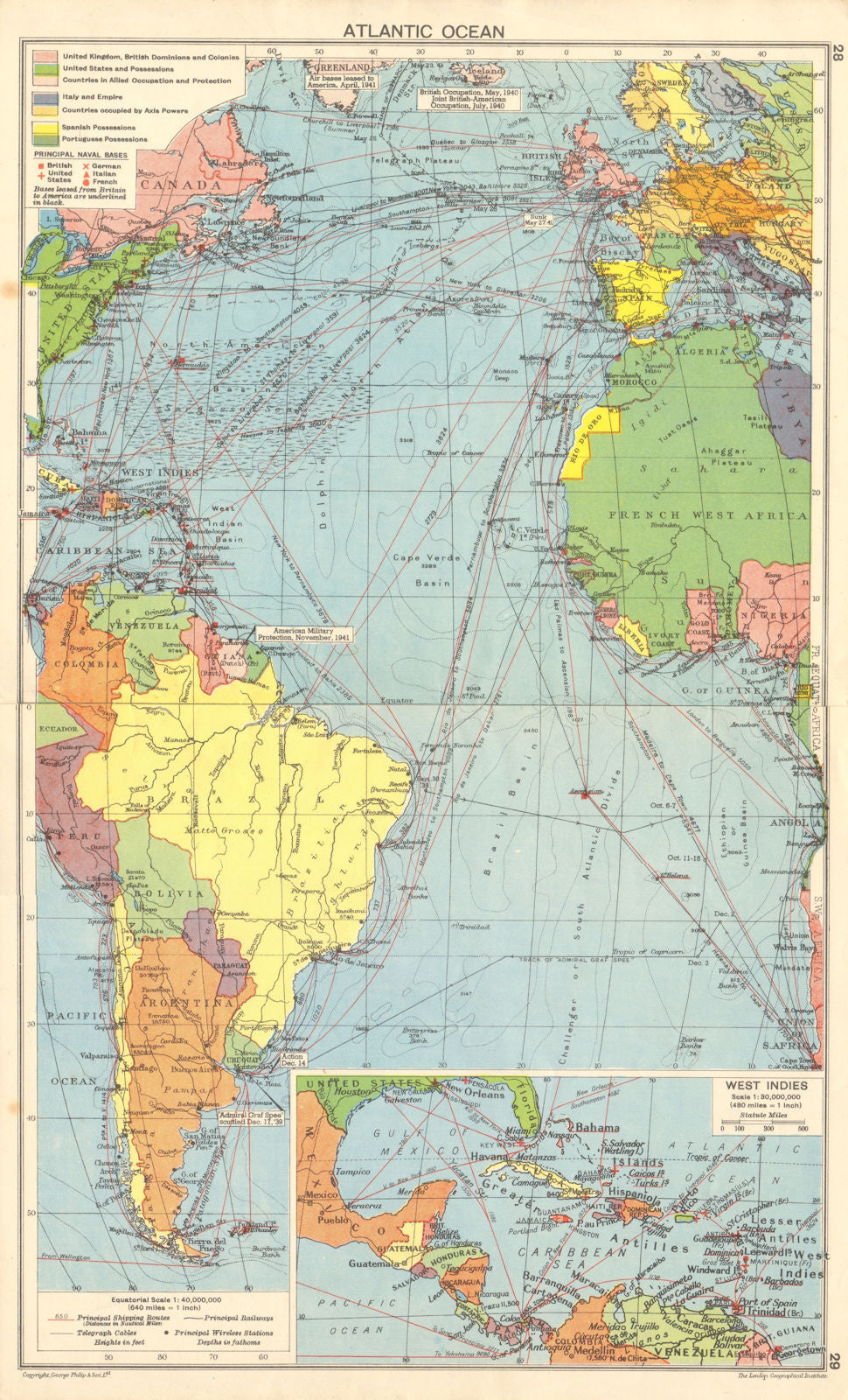 WW2 Atlantic Ocean. Naval bases. US/British occupied Iceland Guiana 1942 map