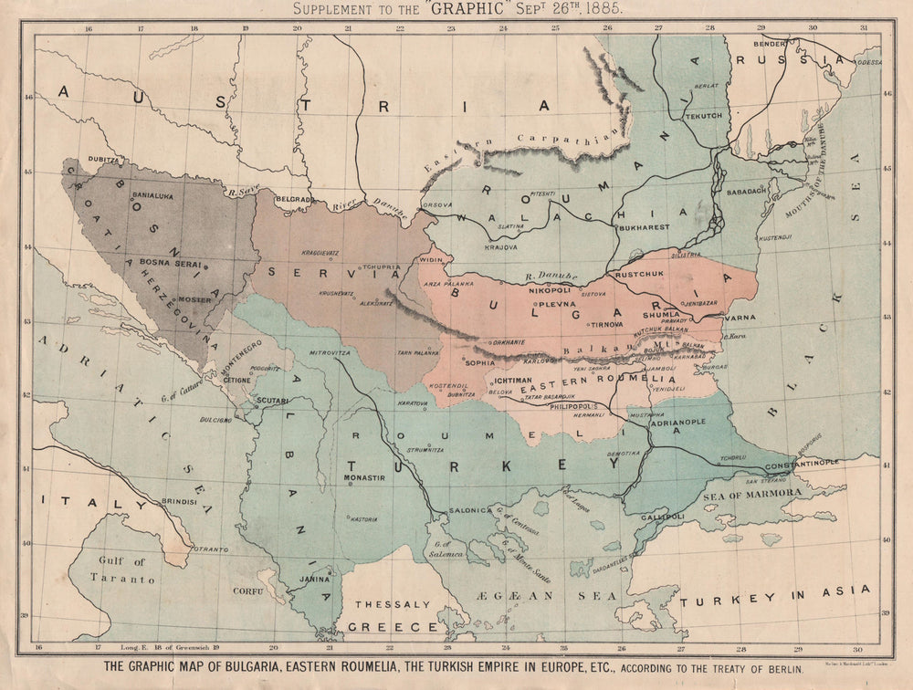 Balkans 1878 Treaty of Berlin. Bulgaria Eastern Roumelia Turkey GRAPHIC 1885 map