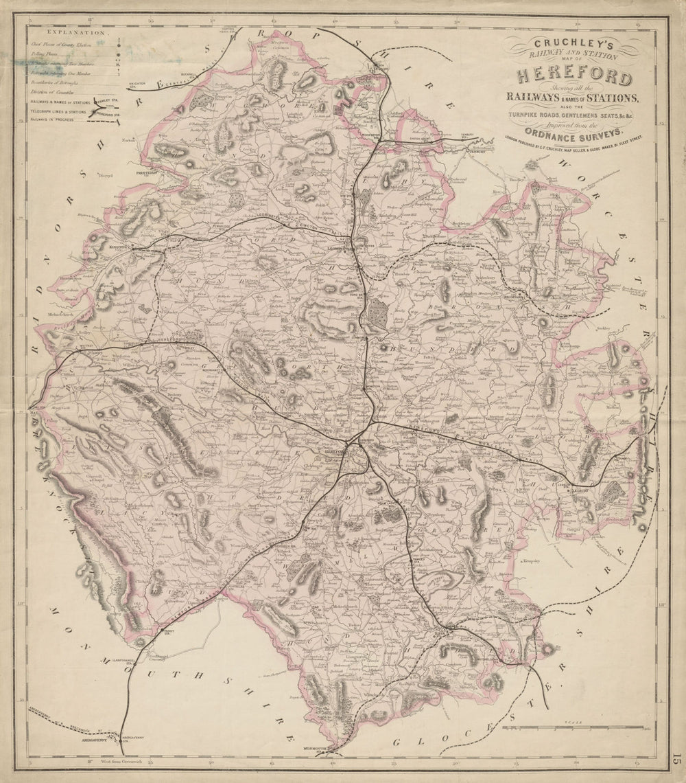 Cruchley's railway & station map of Herefordshire. Antique map 57x50cm c1865