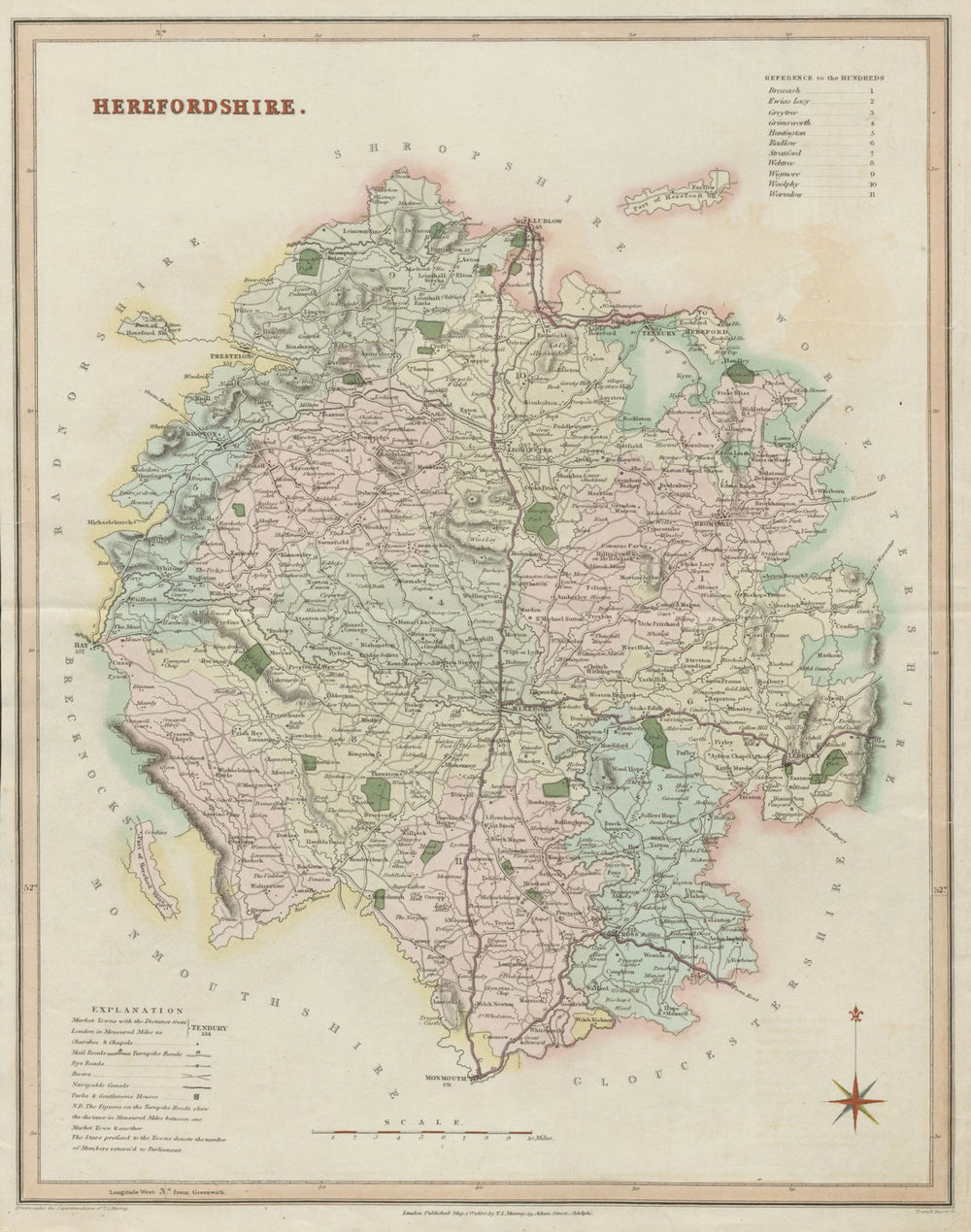 Herefordshire antique county map by T.L. Murray. Hand coloured 1830 old