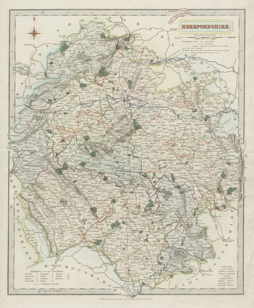 Herefordshire antique county map by J & C Walker. Hand coloured 1835 old
