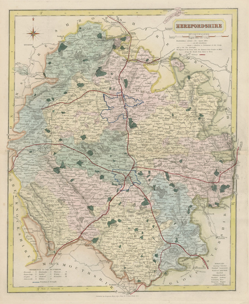 Herefordshire antique county map by J & C Walker. Hand coloured c1868 old