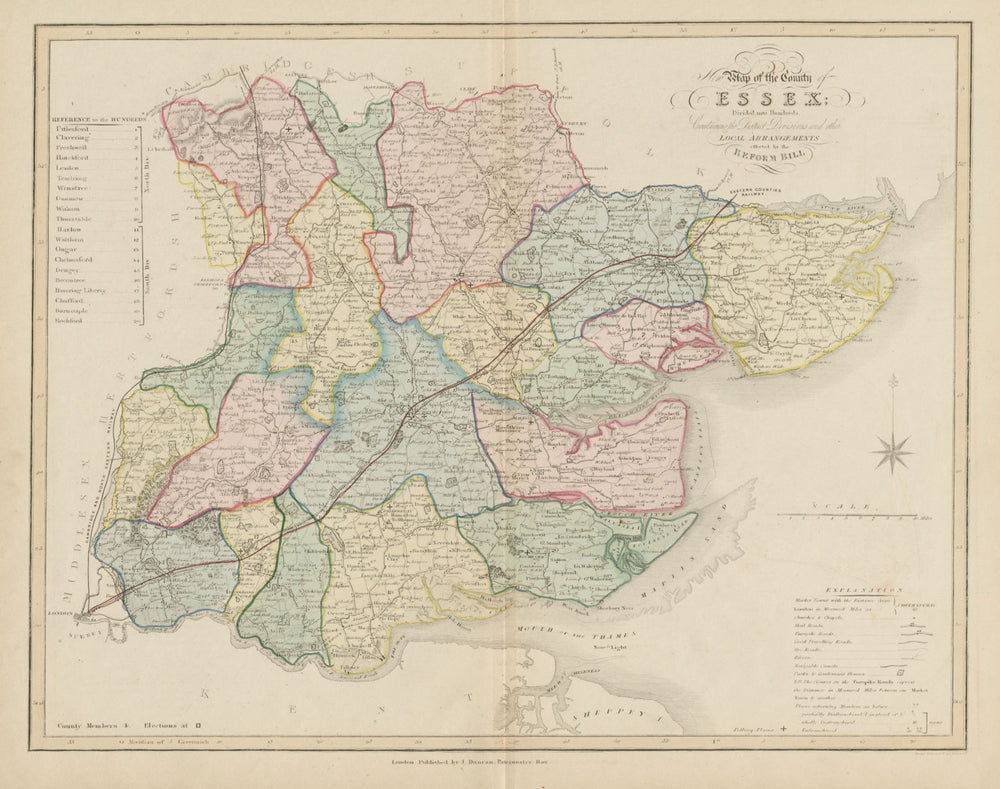 'New map of the county of Essex' post Reform Act, by James Duncan. Coloured 1833
