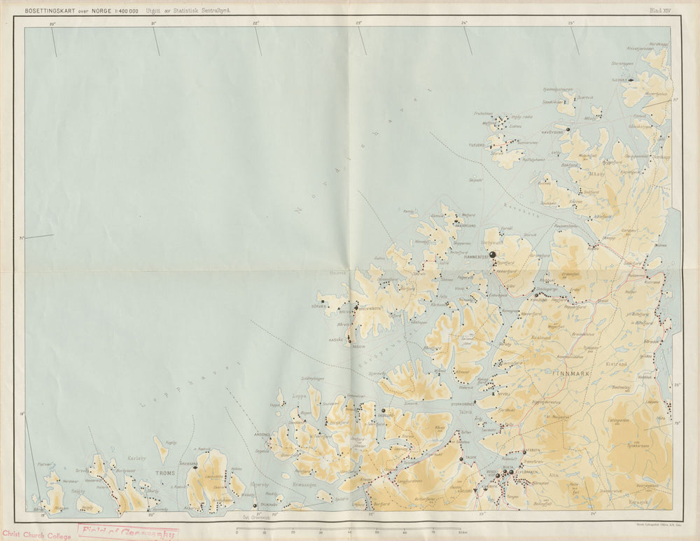 Norway Norge settlements. Hammerfest Alta. Finnmark Troms 48x62cm 1950 old map