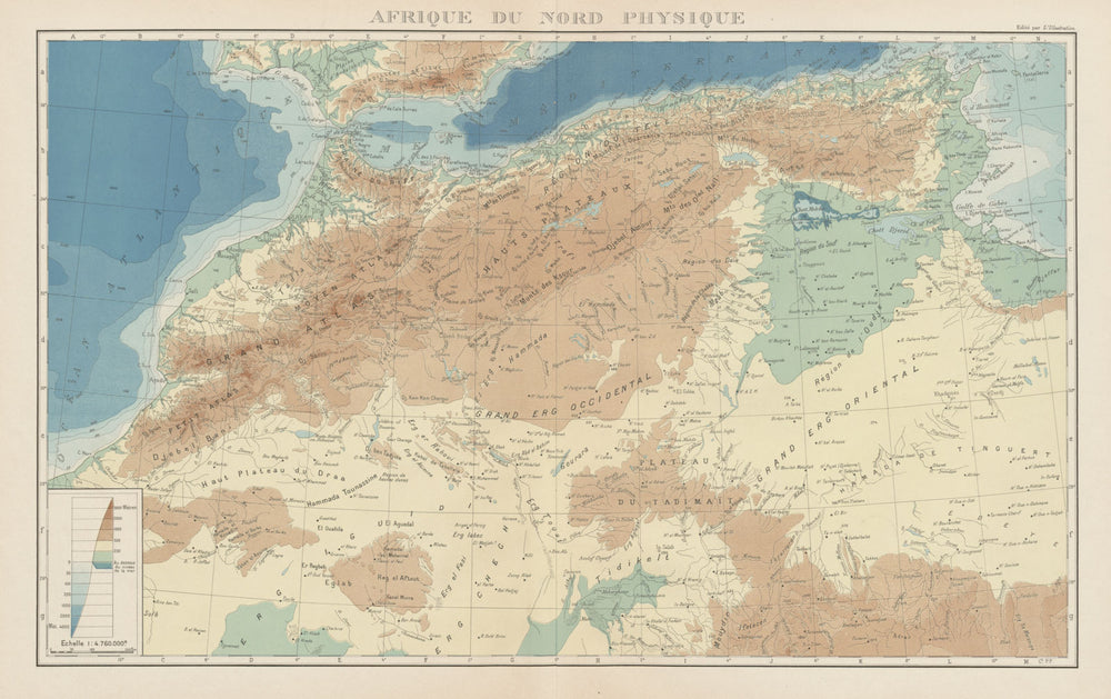 COLONIAL FRENCH NORTH AFRICA. Afrique du Nord. Physique. Physical 1929 old map