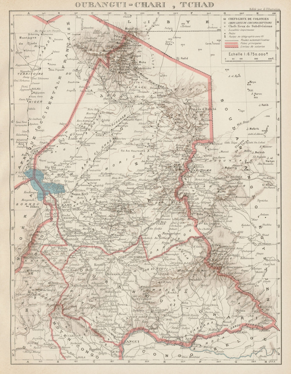 FRENCH COLONIAL CHAD & UBANGI-SHARI (C.A.R.). Oubangui-Chari Tchad 1929 map