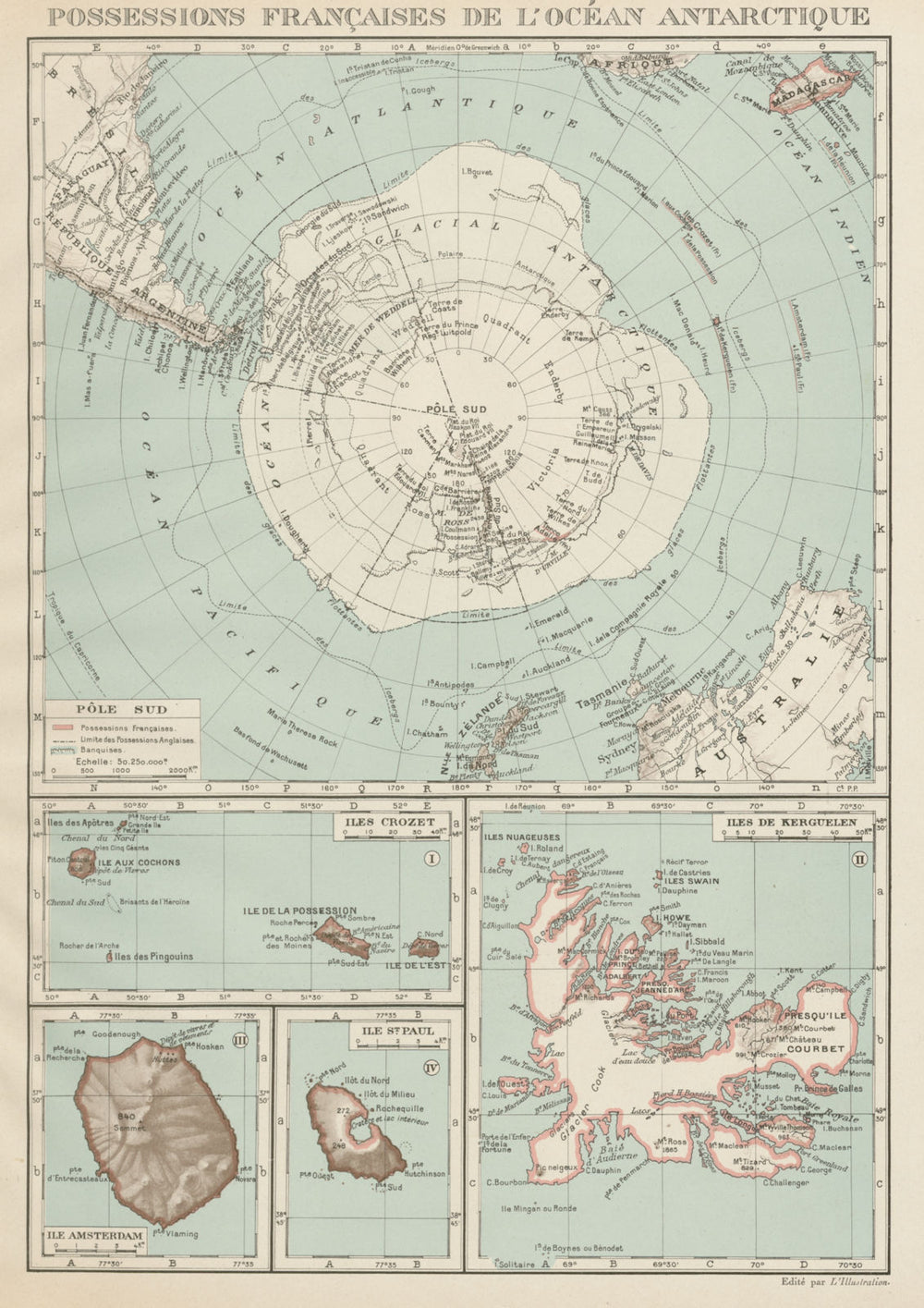 FRENCH ANTARCTIC Terres australes françaises Crozet Amsterdam Kerguelen 1929 map