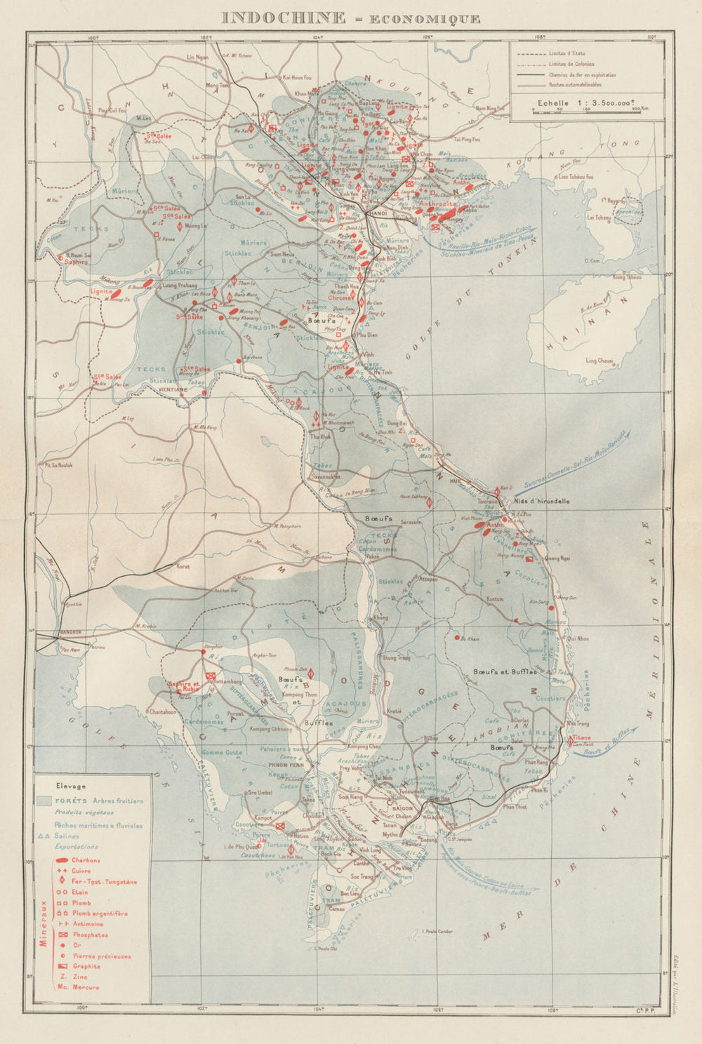 COLONIAL FRENCH INDOCHINA. Indochine française. Economique. Economic 1929 map