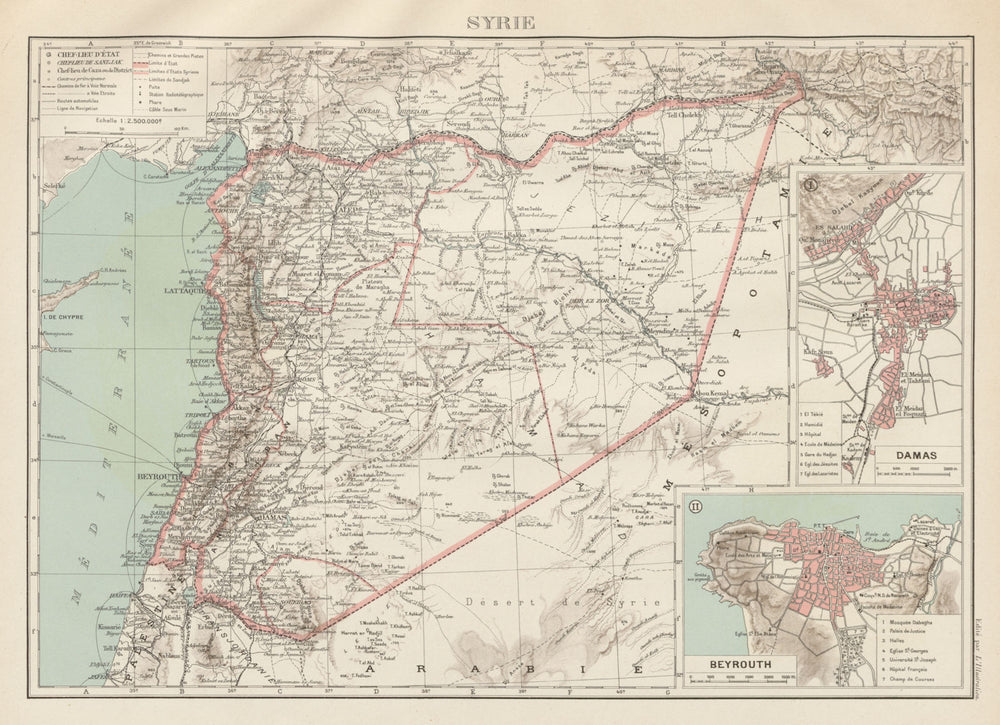 FRENCH COLONIAL SYRIA LEBANON Syrie Liban français Damascus Beirut plan 1929 map