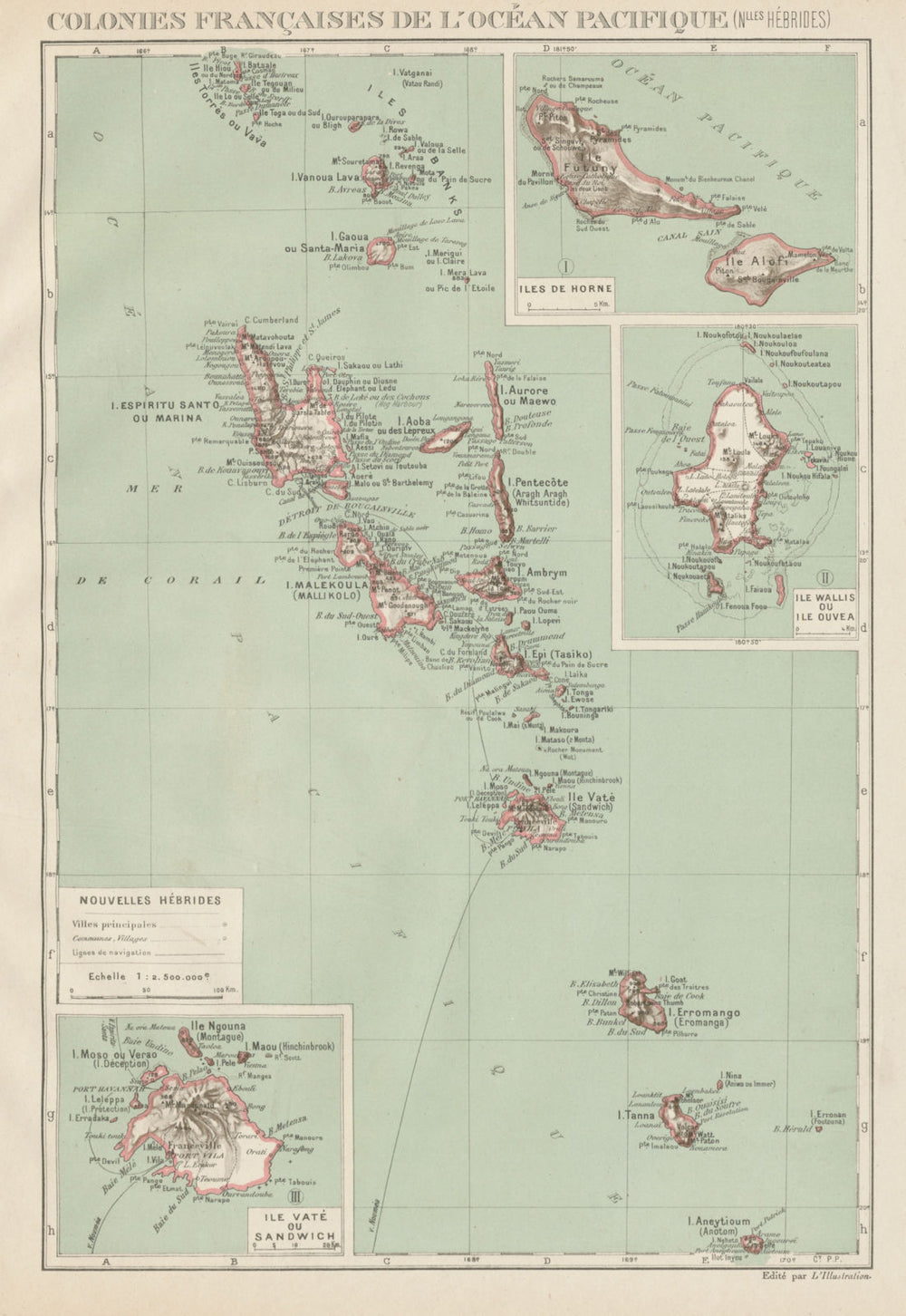 COLONIAL VANUATU. Nouvelles/New Hebrides. Efate Wallis & Futuna. Uvea 1929 map