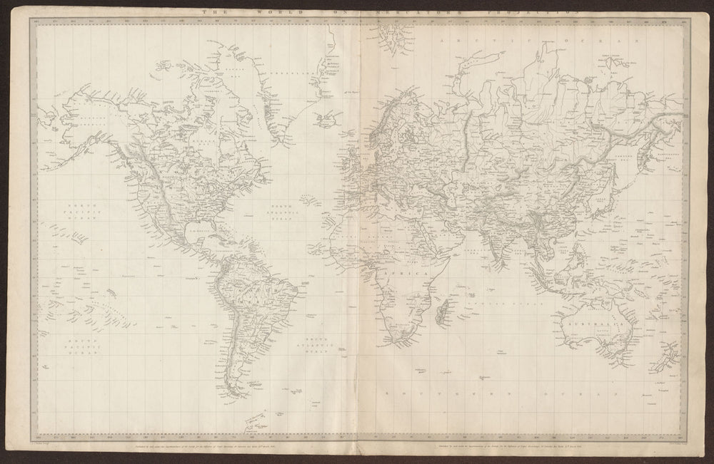 WORLD ON MERCATOR'S PROJECTION. Texas shown as Mexican. SDUK 1844 old map