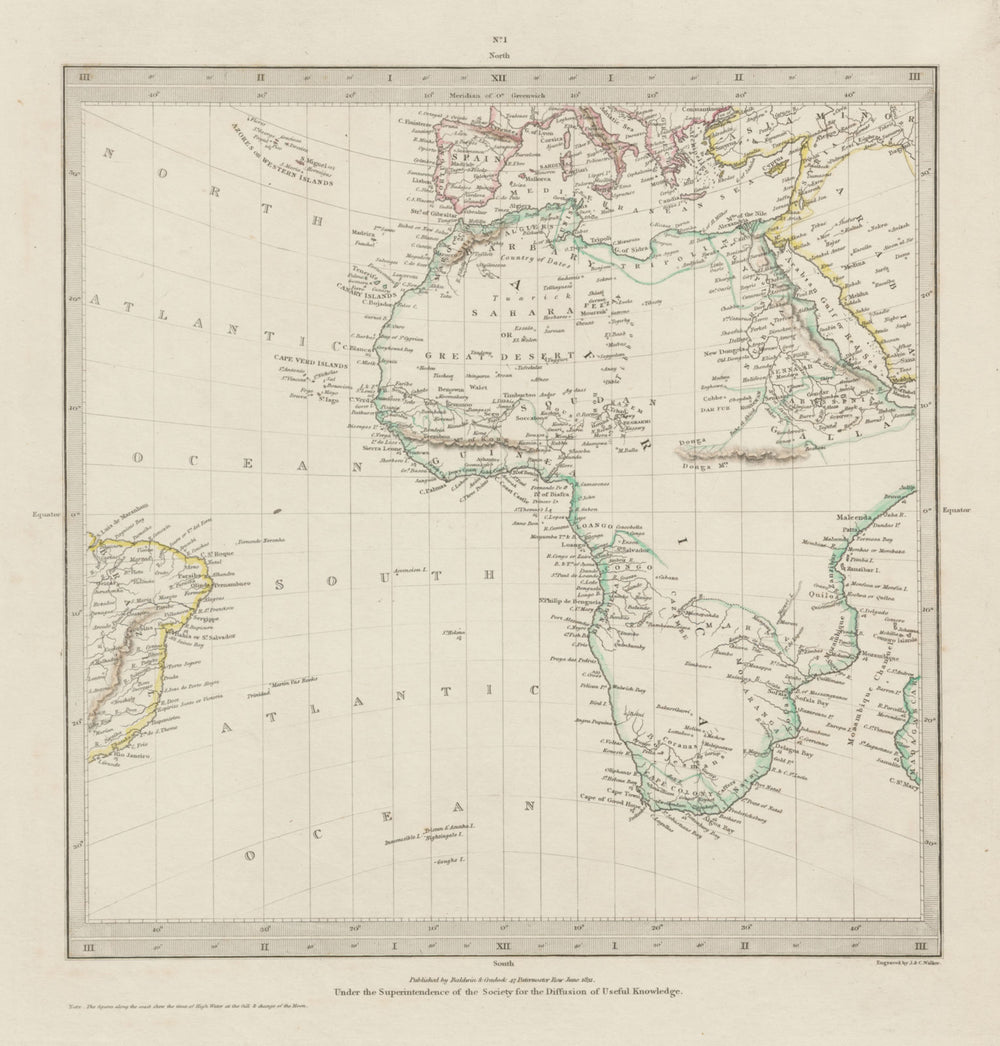 AFRICA.South Europe Brazil.Gnomonic Projection.Mountains of Kong SDUK 1844 map