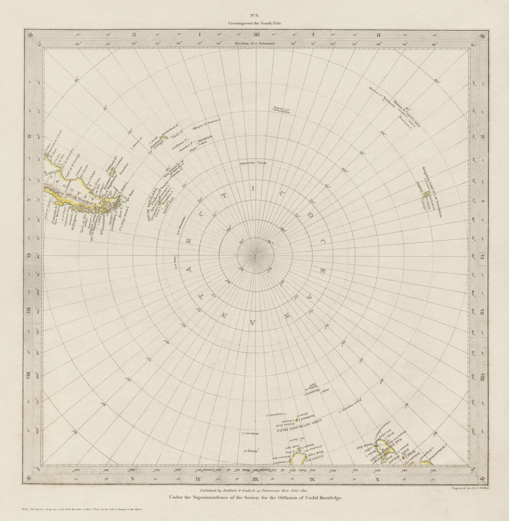 SOUTH POLE ANTARCTIC on Gnomonic Projection. To 45˚ S Latitude. SDUK 1844 map