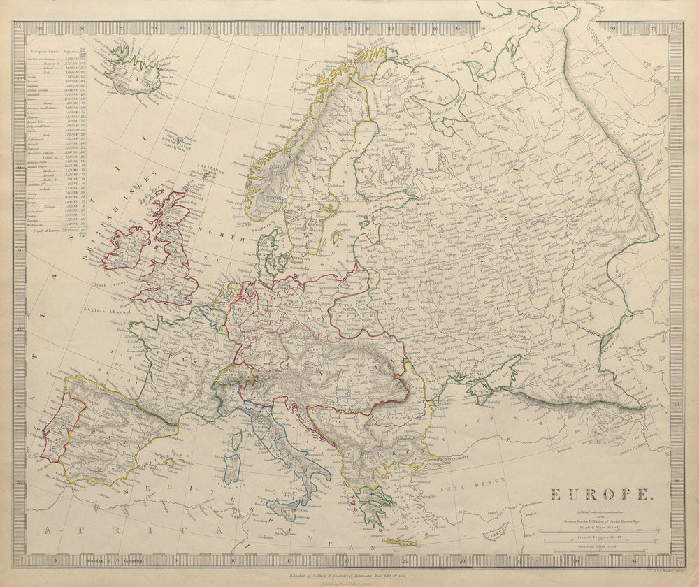 EUROPE. General map. Inset table of population & density by country. SDUK 1844