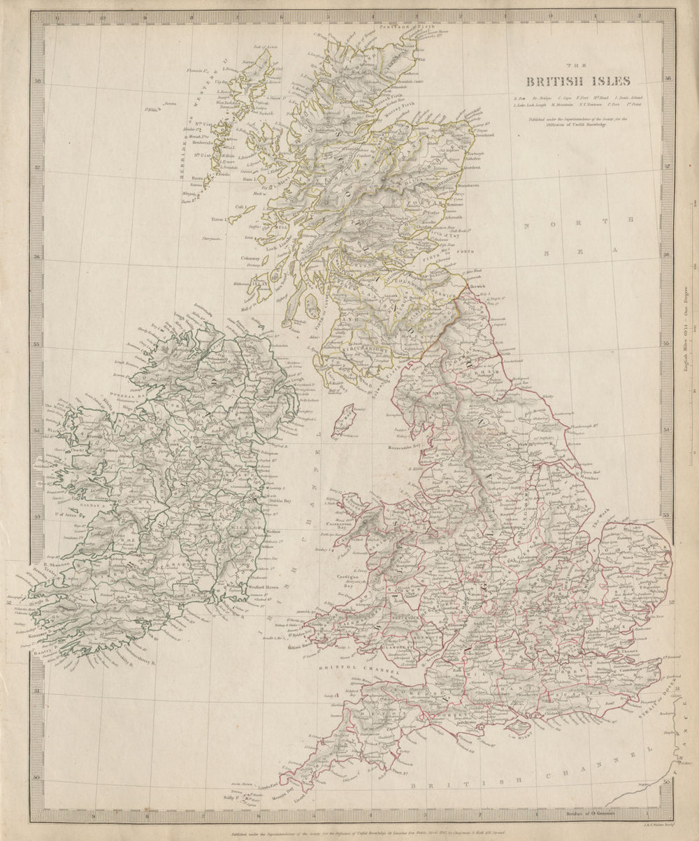 BRITISH ISLES. Great Britain & Ireland. UK. Counties towns rivers. SDUK 1844 map