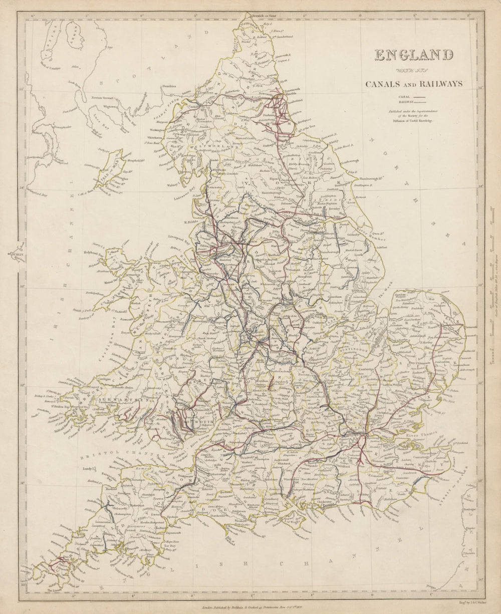 ENGLAND with its Canals and Railways. Wales. SDUK 1844 old antique map chart