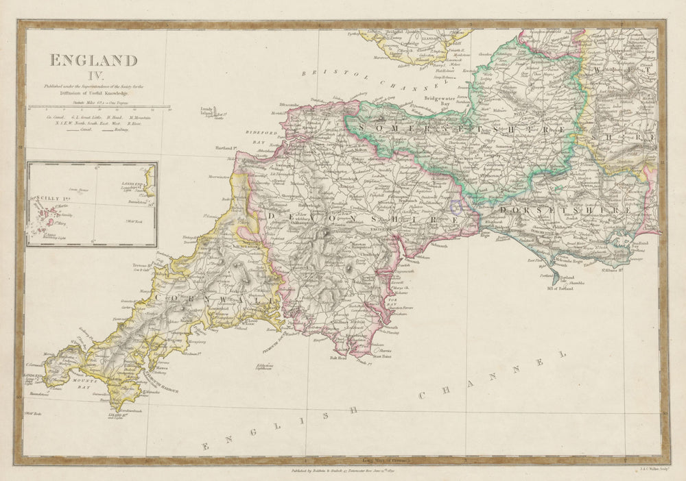 ENGLAND SOUTH WEST Cornwall Devon Somerset Dorset Scilly Isles. SDUK 1844 map