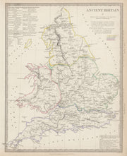 ANCIENT BRITAIN. England & Wales Roman road town names. Ptolemy SDUK 1844 map