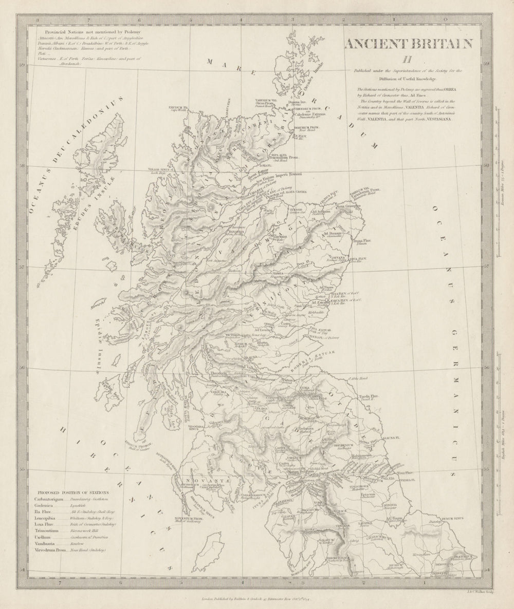 ANCIENT BRITAIN.Caledonia-Scotland.Roman road town names.Ptolemy SDUK 1844 map