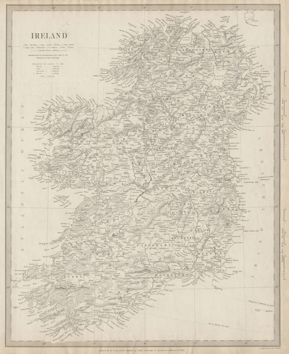 IRELAND. Roads. First Irish railway. Kingstown-Dublin-Drogheda. SDUK 1844 map