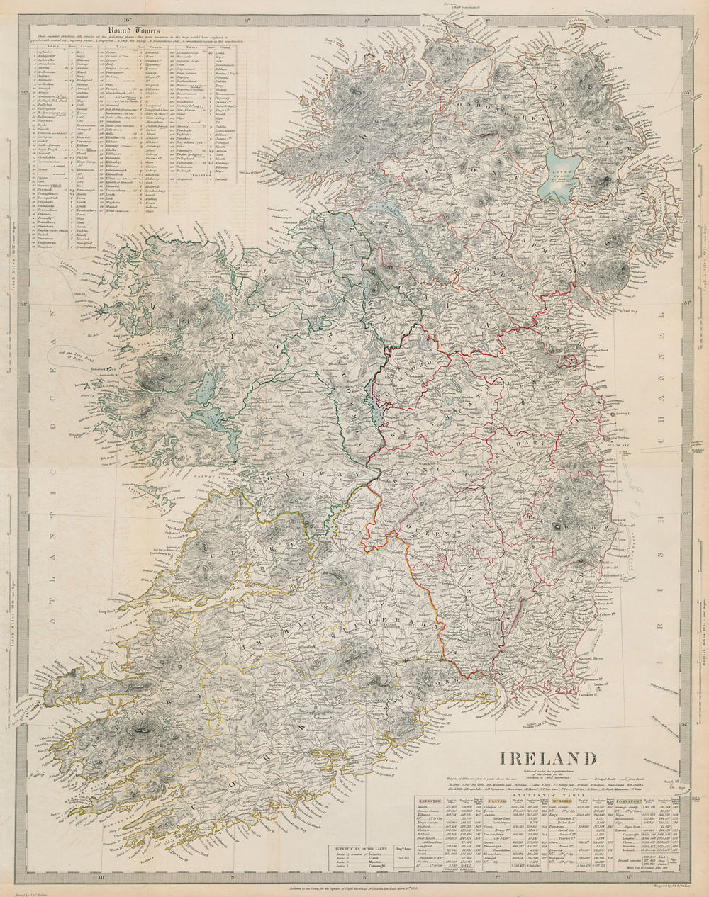 IRELAND on 2 sheets conjoined 62x50 cm. Round towers Cloigthithe. SDUK 1844 map