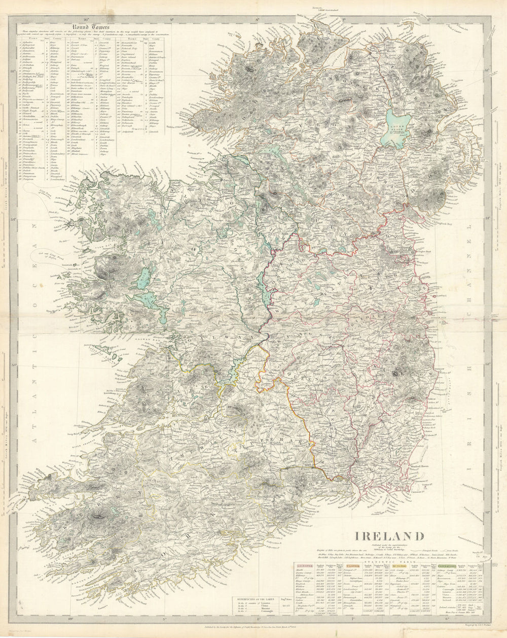 IRELAND on 2 sheets conjoined 62x50 cm. Round towers Cloigthithe. SDUK 1844 map