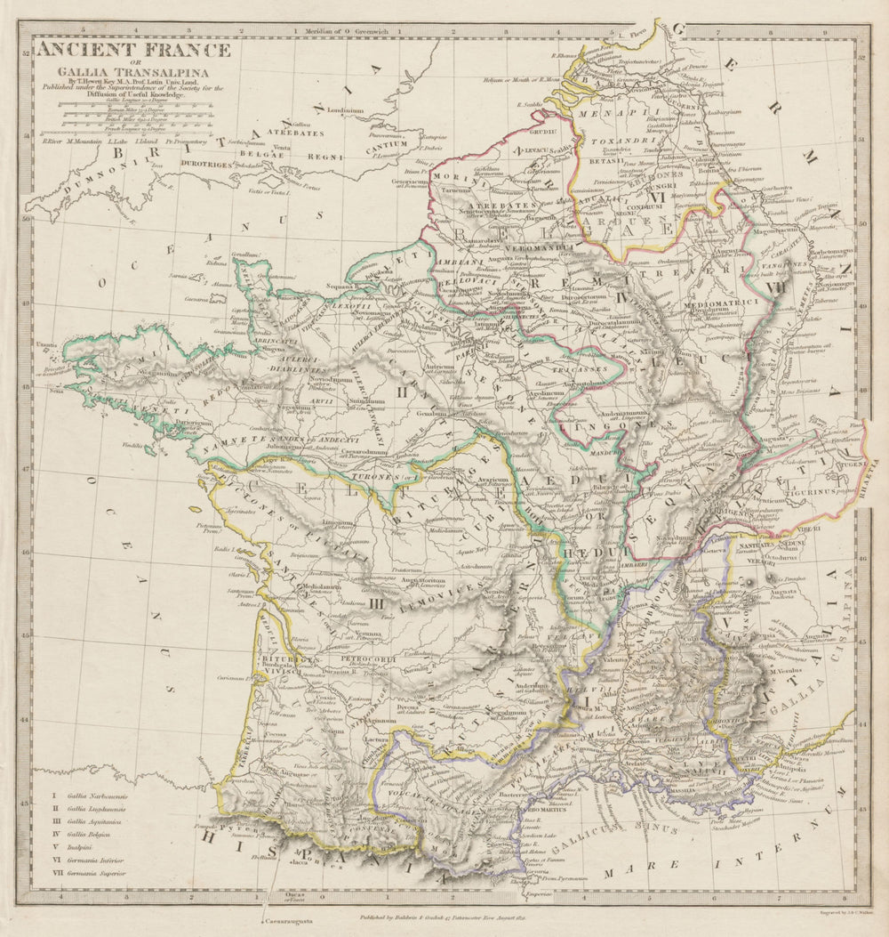 ANCIENT ROMAN FRANCE GAUL. Gallia Transalpina. Roman names roads SDUK 1844 map