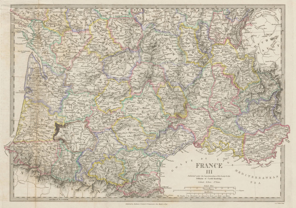 FRANCE STH.Aquitaine Pyrénées Provence Languedoc Rhône Auvergne SDUK 1844 map