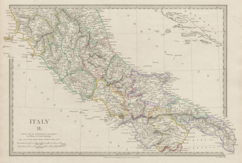 ITALY SOUTH.Naples Stato Pontifico Toscana.Original hand colour SDUK 1844 map