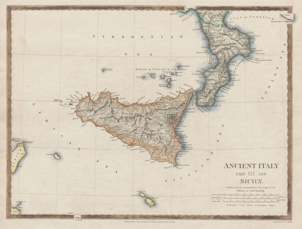 ANCIENT ITALY SOUTH Sicily Brutii Melita (Malta) Original colour SDUK 1844 map