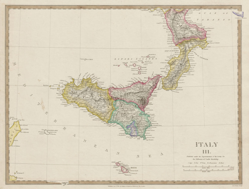 SICILY, CALABRIA, Malta & Gozo with original outline colour. SDUK 1844 old map