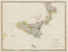 SICILY, CALABRIA, Malta & Gozo with original outline colour. SDUK 1844 old map